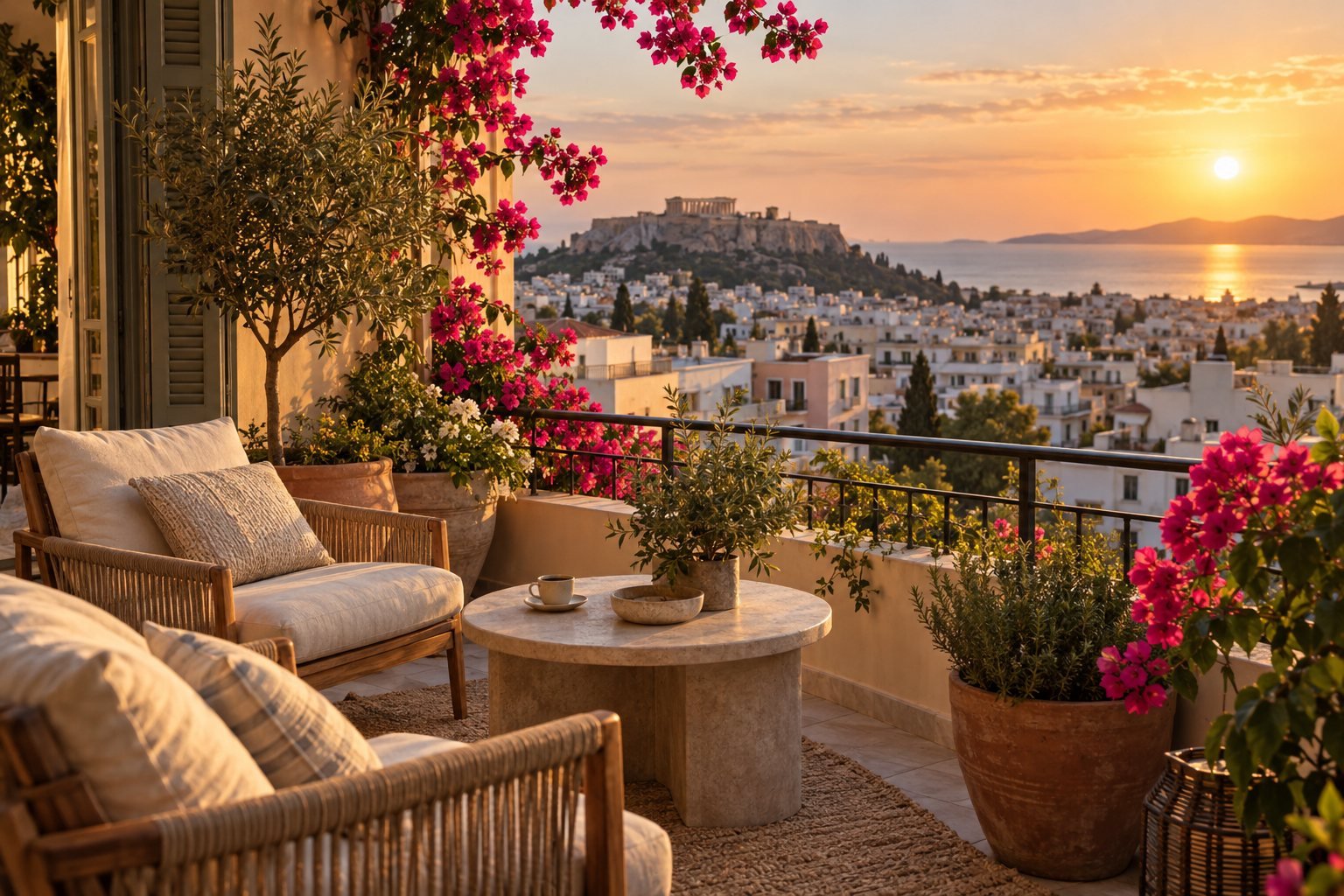 A golden-hour balcony view over Athens with the sea in the distance