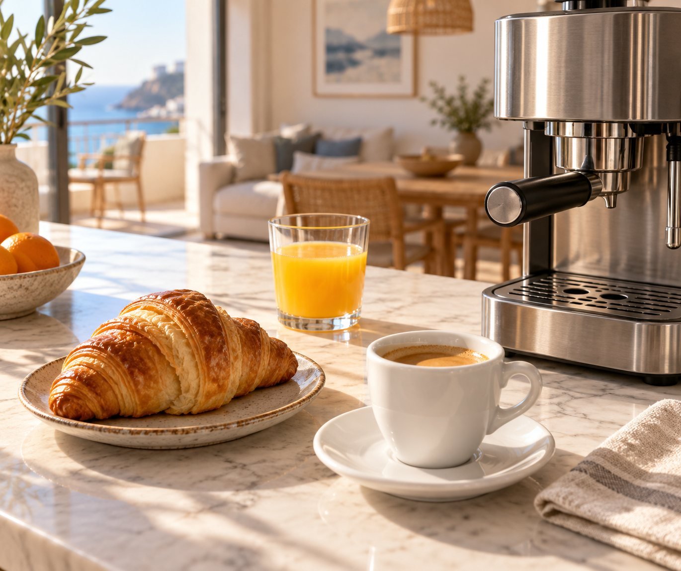 Espresso, croissant and orange juice styled on a kitchen countertop