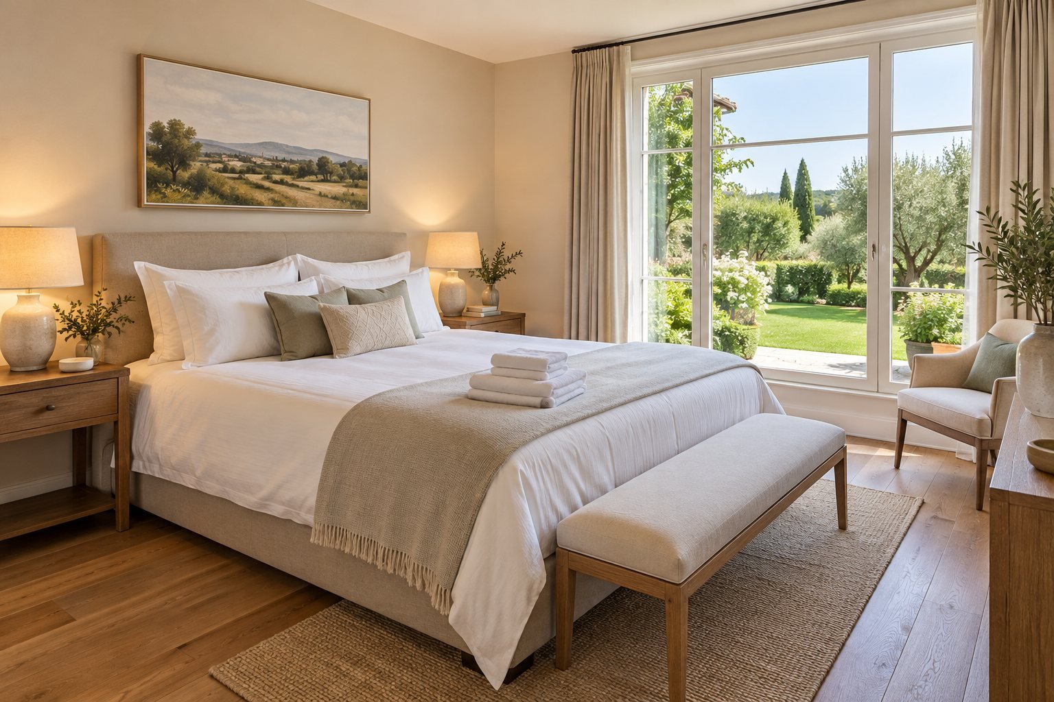 A bright bedroom with crisp white bedding, folded towels and lamps switched on
