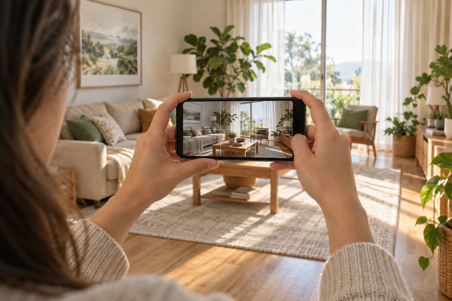 Hands holding an iPhone photographing a bright living room
