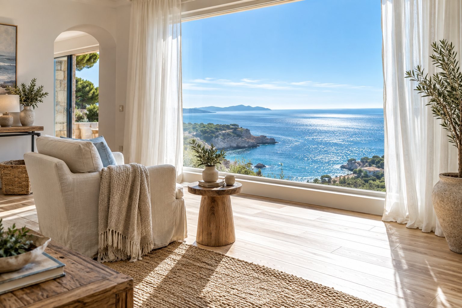 A sunlit living room window framing a sea view