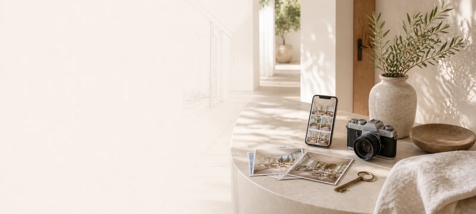A phone, camera, keys and listing photographs in a sunlit home