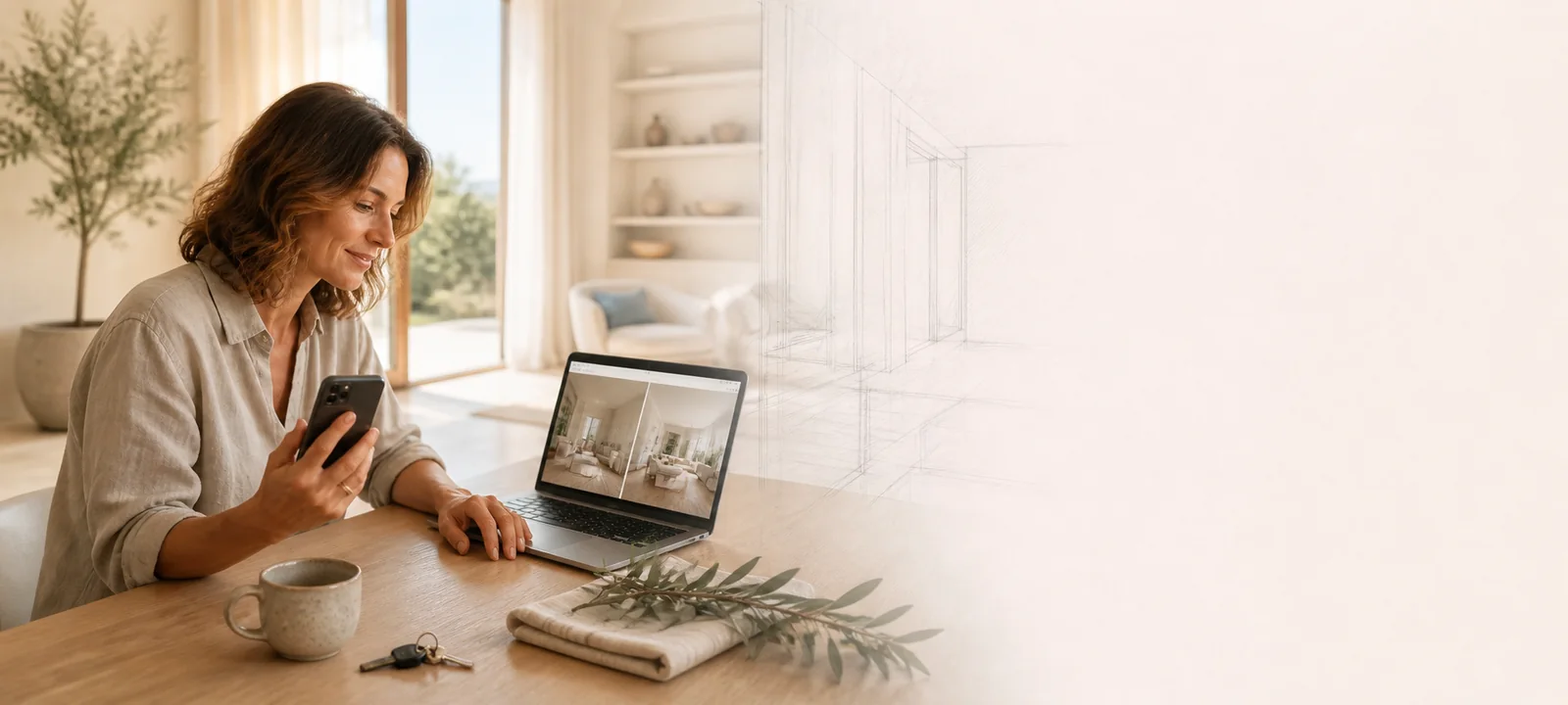 A host reviewing listing photos at the kitchen table